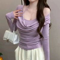 Women's Wrap Crop Top Long Sleeve Blouses Pleated Elegant Simple Style Classic Style Simple Solid Color main image 1