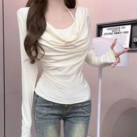 Women's Wrap Crop Top Long Sleeve Blouses Pleated Elegant Simple Style Classic Style Simple Solid Color main image 4