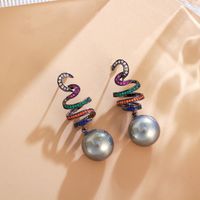 1 Pair Elegant Simple Style Shiny Round Spiral Stripe Plating Inlay Copper Pearl Zircon White Gold Plated Drop Earrings main image 7