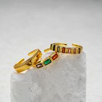 Copper Gold Plated Simple Style Shiny Inlay Carving Rectangle Zircon Rings main image 1