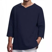 Men's Solid Color Simple Style V Neck 3/4 Length Sleeve Loose Men's T-shirt main image 3