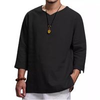 Men's Solid Color Simple Style V Neck 3/4 Length Sleeve Loose Men's T-shirt main image 5