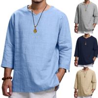 Men's Solid Color Simple Style V Neck 3/4 Length Sleeve Loose Men's Tops main image 1