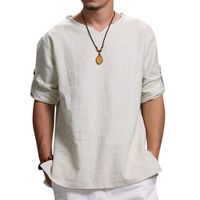 Men's Solid Color Simple Style V Neck 3/4 Length Sleeve Loose Men's Tops main image 4