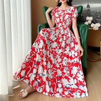 Women's Tea Dress Casual Elegant Vacation Boat Neck Elastic Waist Hollow Out Short Sleeve Flower Midi Dress Outdoor Daily main image 1