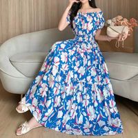 Women's Tea Dress Casual Elegant Vacation Boat Neck Elastic Waist Hollow Out Short Sleeve Flower Midi Dress Outdoor Daily main image 2