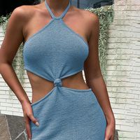 Women's Sheath Dress Sexy Halter Neck Hollow Out Backless Sleeveless Solid Color Midi Dress Party main image 6
