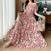 Women's Tea Dress Casual Elegant Vacation Boat Neck Elastic Waist Hollow Out Short Sleeve Flower Midi Dress Casual Outdoor Daily main image 1