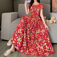 Women's Tea Dress Casual Elegant Vacation Boat Neck Elastic Waist Hollow Out Short Sleeve Flower Midi Dress Casual Outdoor Daily main image 2