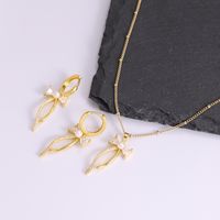 Copper 18K Gold Plated IG Style Sweet Plating Inlay Bow Knot Artificial Pearls Zircon Jewelry Set main image 7