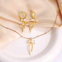 Copper 18K Gold Plated IG Style Sweet Plating Inlay Bow Knot Artificial Pearls Zircon Jewelry Set main image 5