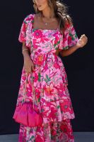Women's Regular Dress Vacation Square Neck Ruffles Short Sleeve Ditsy Floral Maxi Long Dress Holiday Beach main image 1