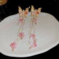 1 Pair Sweet Flower Butterfly Inlay Alloy Crystal Drop Earrings main image 2