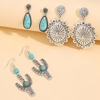 1 Set IG Style Retro Cactus Water Droplets Flower Plating Inlay Alloy Turquoise Drop Earrings sku image 1