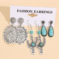1 Set IG Style Retro Cactus Water Droplets Flower Plating Inlay Alloy Turquoise Drop Earrings main image 1