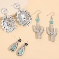 1 Set IG Style Retro Cactus Water Droplets Flower Plating Inlay Alloy Turquoise Drop Earrings main image 3