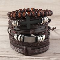 Retro Cross Pu Leather Wooden Beads Handmade Unisex Bracelets sku image 1