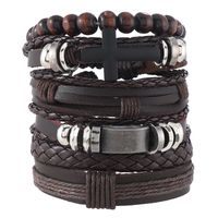 Retro Cross Pu Leather Wooden Beads Handmade Unisex Bracelets main image 3