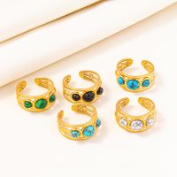 304 Stainless Steel Simple Style Inlay Round Artificial Gemstones Rings main image 3