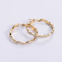 Simple Style Waves Plating Stainless Steel Rhinestones Hoop Earrings sku image 1