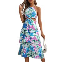 Women's Strap Dress Regular Dress Vacation Halter Neck Printing Backless Sleeveless Ditsy Floral Midi Dress Holiday Daily Date main image 5