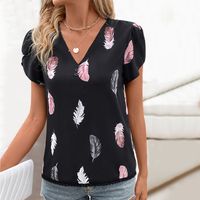 Women's Blouse Short Sleeve T-Shirts Printing Button Simple Style Feather main image 1