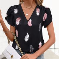 Women's Blouse Short Sleeve T-Shirts Printing Button Simple Style Feather main image 3