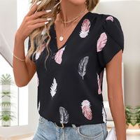 Women's Blouse Short Sleeve T-Shirts Printing Button Simple Style Feather main image 4