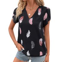 Women's Blouse Short Sleeve T-Shirts Printing Button Simple Style Feather main image 2
