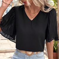 Women's Chiffon Shirt Short Sleeve T-Shirts Pleated Elegant Solid Color main image 6