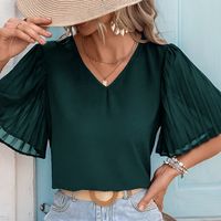 Women's Chiffon Shirt Short Sleeve T-Shirts Pleated Elegant Solid Color main image 2