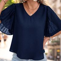 Women's Chiffon Shirt Short Sleeve T-Shirts Pleated Elegant Solid Color main image 3