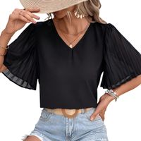 Women's Chiffon Shirt Short Sleeve T-Shirts Pleated Elegant Solid Color main image 5