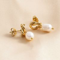 1 Pair Simple Style Classic Style Solid Color Plating Inlay 304 Stainless Steel Artificial Pearls Natural Stone 18K Gold Plated Ear Studs main image 3