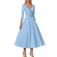 Women's Swing Dress Streetwear V Neck 3/4 Length Sleeve Solid Color Midi Dress Banquet Daily main image 2