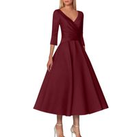 Women's Swing Dress Streetwear V Neck 3/4 Length Sleeve Solid Color Midi Dress Banquet Daily main image 3