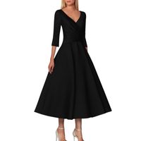 Women's Swing Dress Streetwear V Neck 3/4 Length Sleeve Solid Color Midi Dress Banquet Daily main image 4
