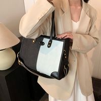 Women's Pu Leather Denim Color Block Classic Style Sewing Thread Zipper Tote Bag main image video