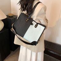 Women's Pu Leather Denim Color Block Classic Style Sewing Thread Zipper Tote Bag main image 3