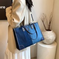 Women's Pu Leather Denim Color Block Classic Style Sewing Thread Zipper Tote Bag main image 6
