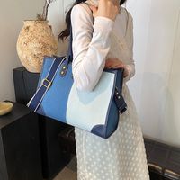 Women's Pu Leather Denim Color Block Classic Style Sewing Thread Zipper Tote Bag main image 7