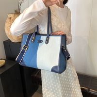 Women's Pu Leather Denim Color Block Classic Style Sewing Thread Zipper Tote Bag sku image 3