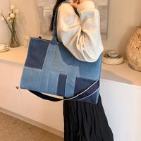 Women's Denim Color Block Classic Style Sewing Thread Zipper Shoulder Bag main image 4