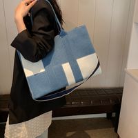 Women's Denim Color Block Classic Style Sewing Thread Zipper Shoulder Bag sku image 3