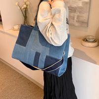 Women's Denim Color Block Classic Style Sewing Thread Zipper Shoulder Bag sku image 2