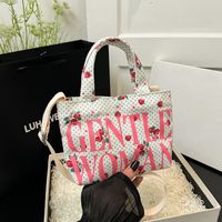 Women's Canvas Letter Cat Strawberry Cute Sewing Thread Open Handbag Crossbody Bag sku image 3