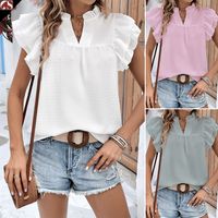 Women's Blouse Short Sleeve Blouses Jacquard Ruffles Simple Style Solid Color main image 1