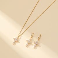 304 Stainless Steel Copper Gold Plated Luxurious Classic Style Inlay Cross Zircon Earrings Necklace Jewelry Set main image 1