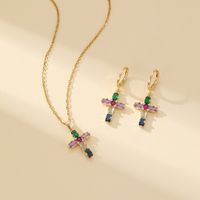 304 Stainless Steel Copper Gold Plated Luxurious Classic Style Inlay Cross Zircon Earrings Necklace Jewelry Set main image 3