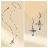 304 Stainless Steel Copper Gold Plated Luxurious Classic Style Inlay Cross Zircon Earrings Necklace Jewelry Set main image 4